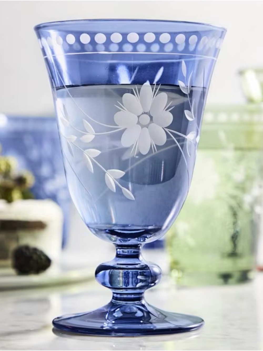 Williams Sonoma Vintage Blue Etched Floral Goblet Glasses - Set of 2